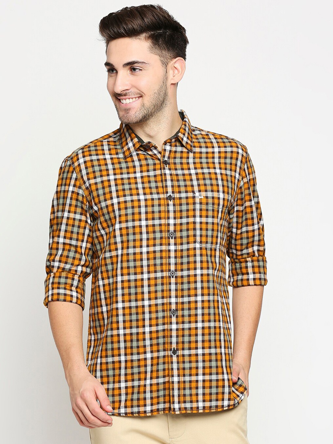 

Basics Men Yellow Slim Fit Pure Cotton Gingham Checks Casual Shirt