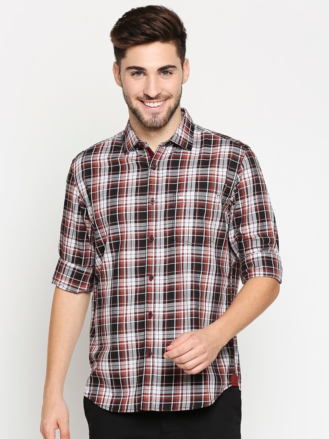 

Basics Men Grey Slim Fit Tartan Checked Pure Cotton Casual Shirt