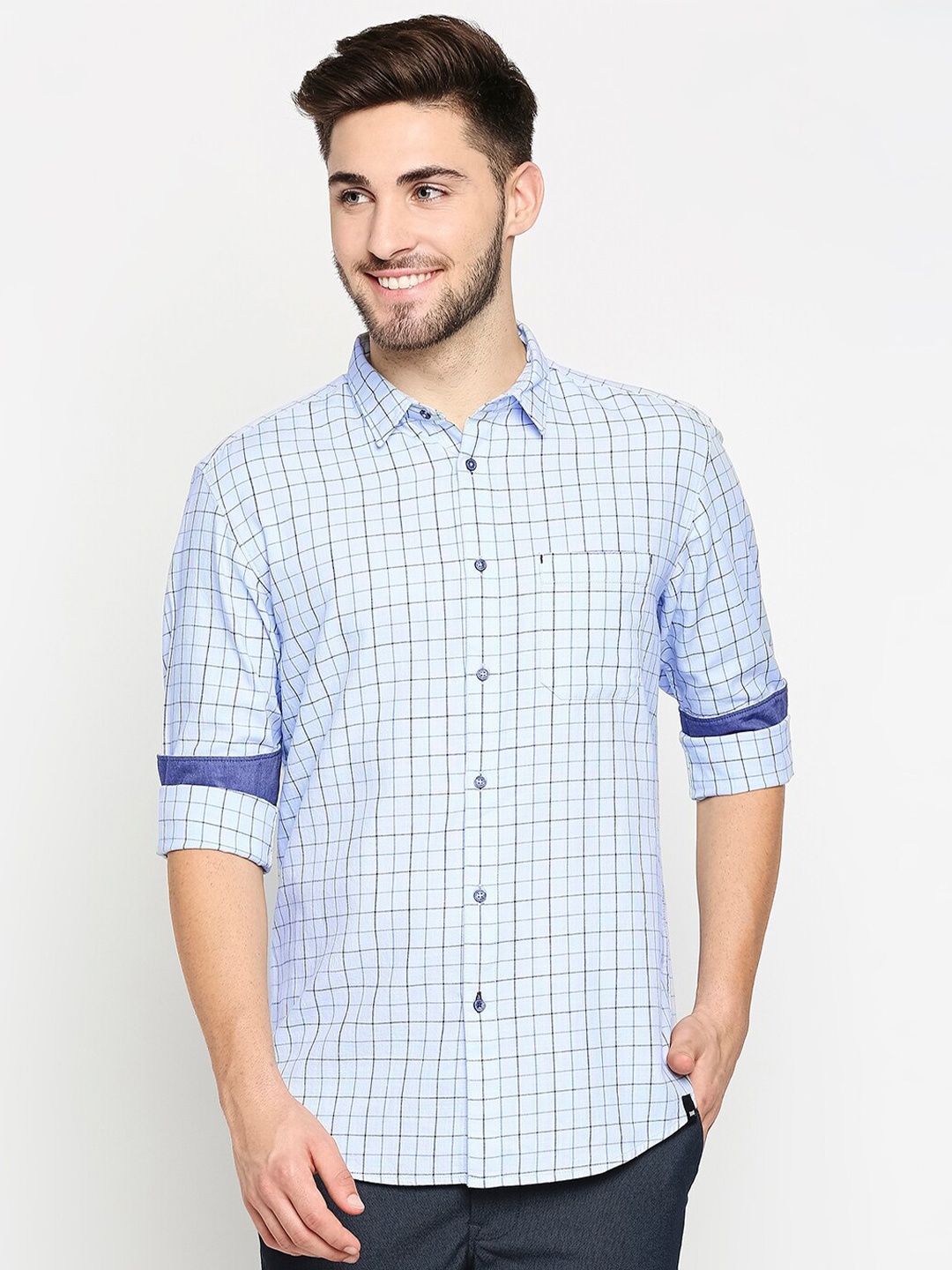 

Basics Men Blue Slim Fit Checked Casual Shirt