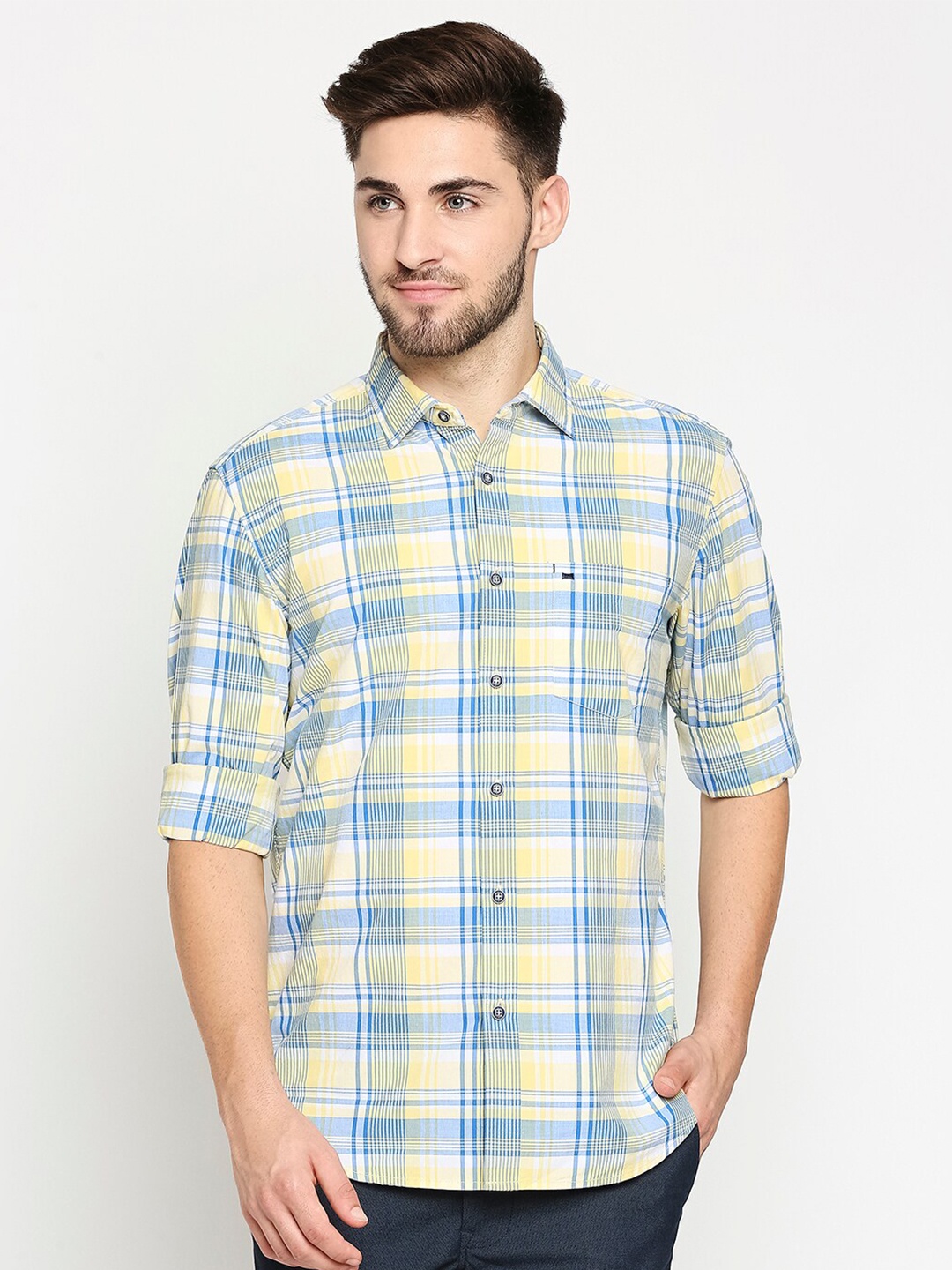 

Basics Men Yellow & Blue Slim Fit Tartan Checked Pure Cotton Casual Shirt