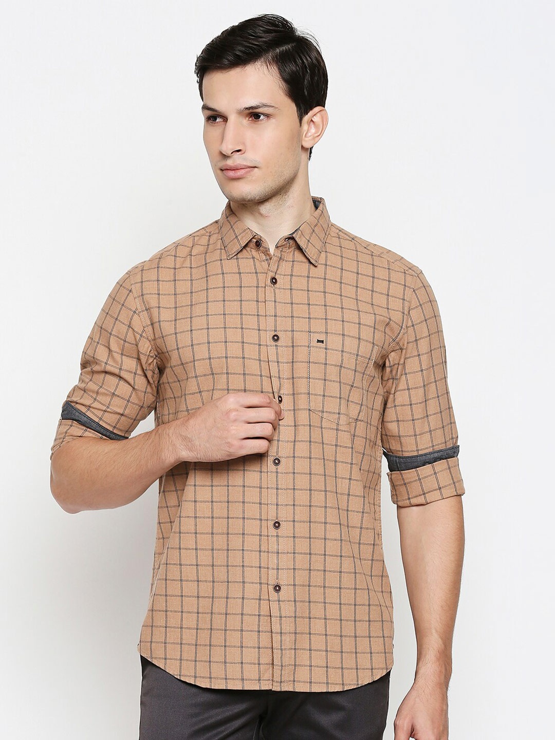 

Basics Men Brown Pure Cotton Windowpane Checks Casual Slim Fit Shirt