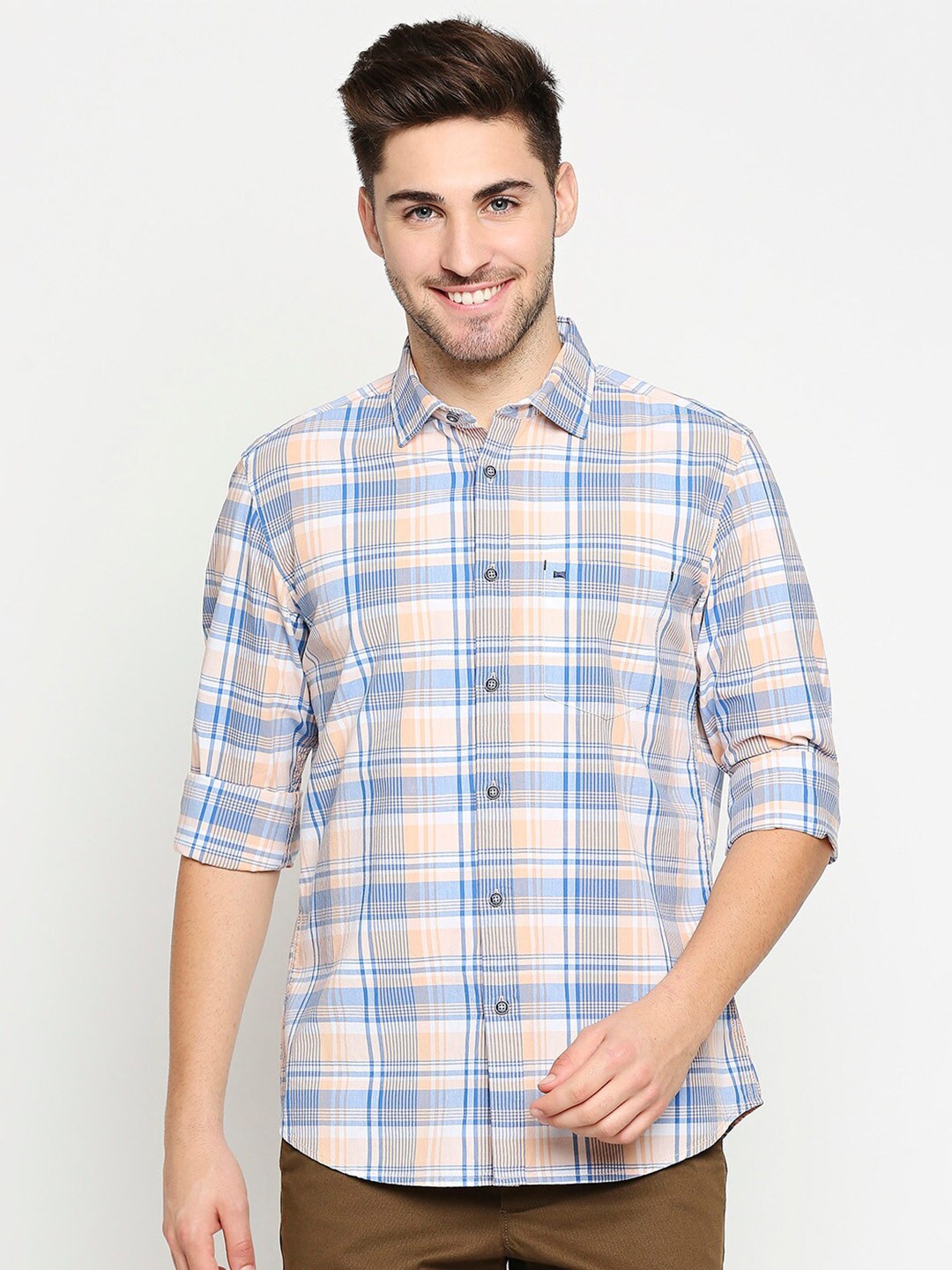 

Basics Men Orange Slim Fit Checked Pure Cotton Casual Shirt