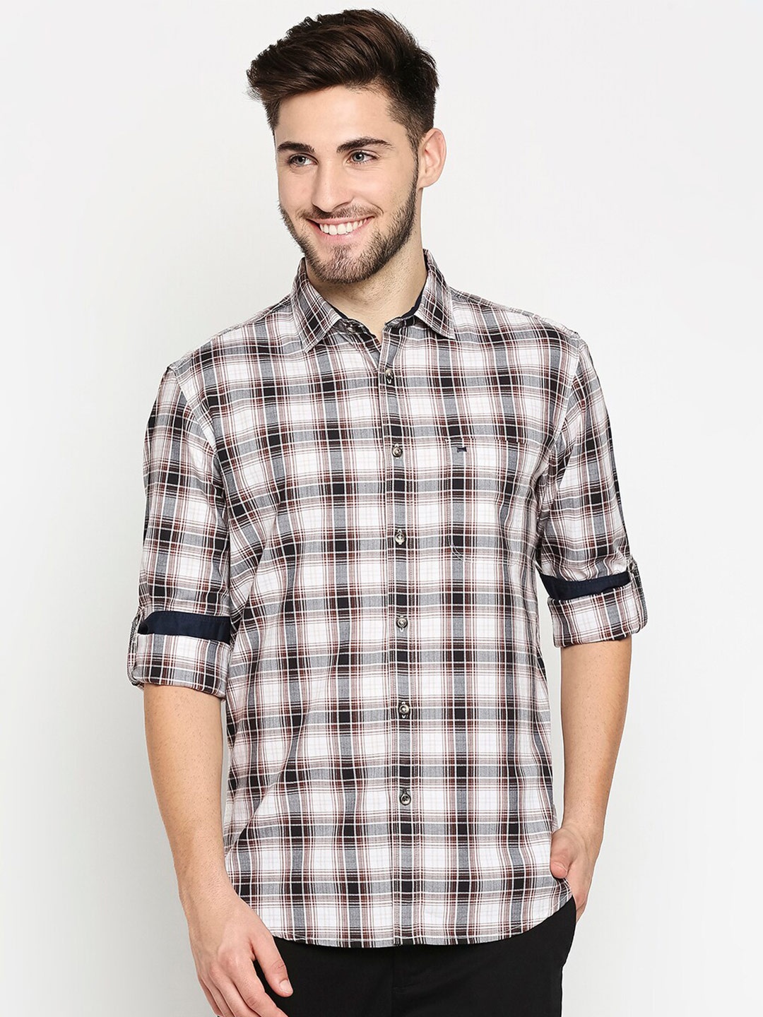 

Basics Men Brown Slim Fit Tartan Checked Cotton Casual Shirt