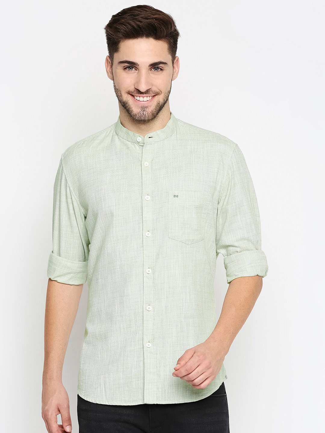 

Basics Men Mint Green Self Design Slim Fit Cotton Casual Shirt