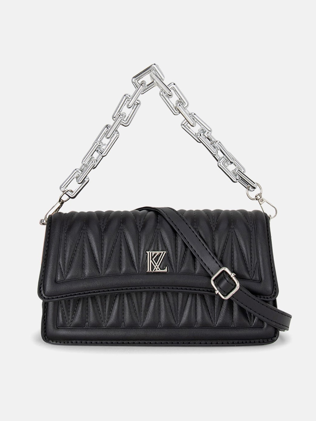 

Kazo Black Textured Structured Sling Bag with Quilted