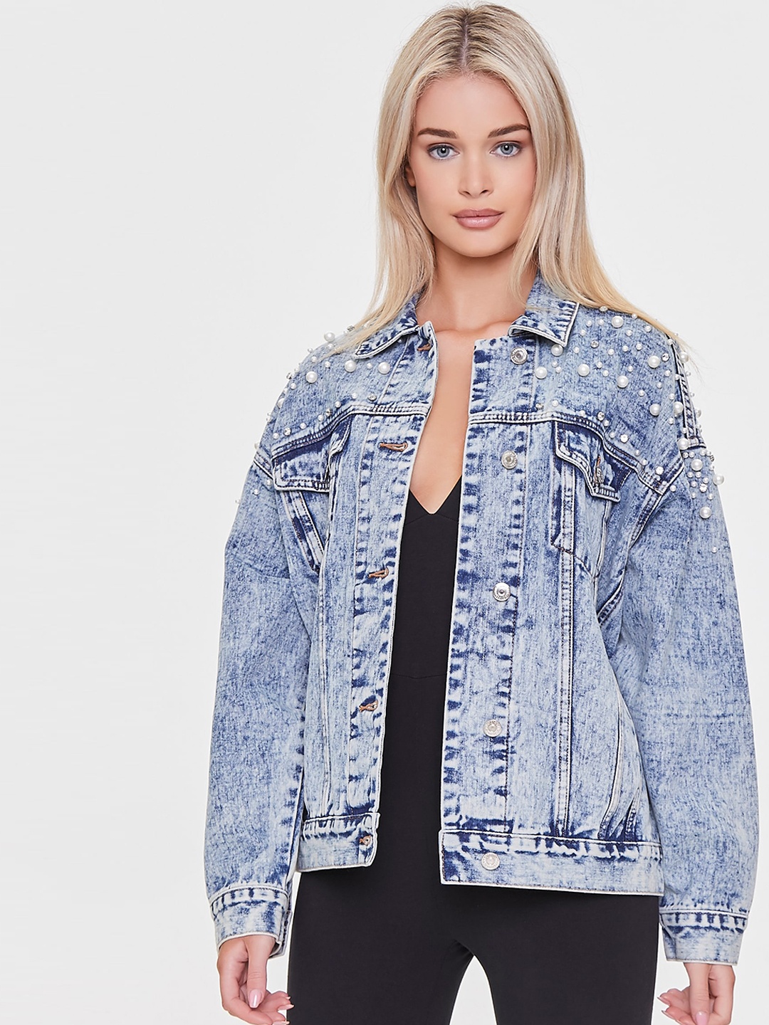 

FOREVER 21 Women Blue Washed Denim Jacket