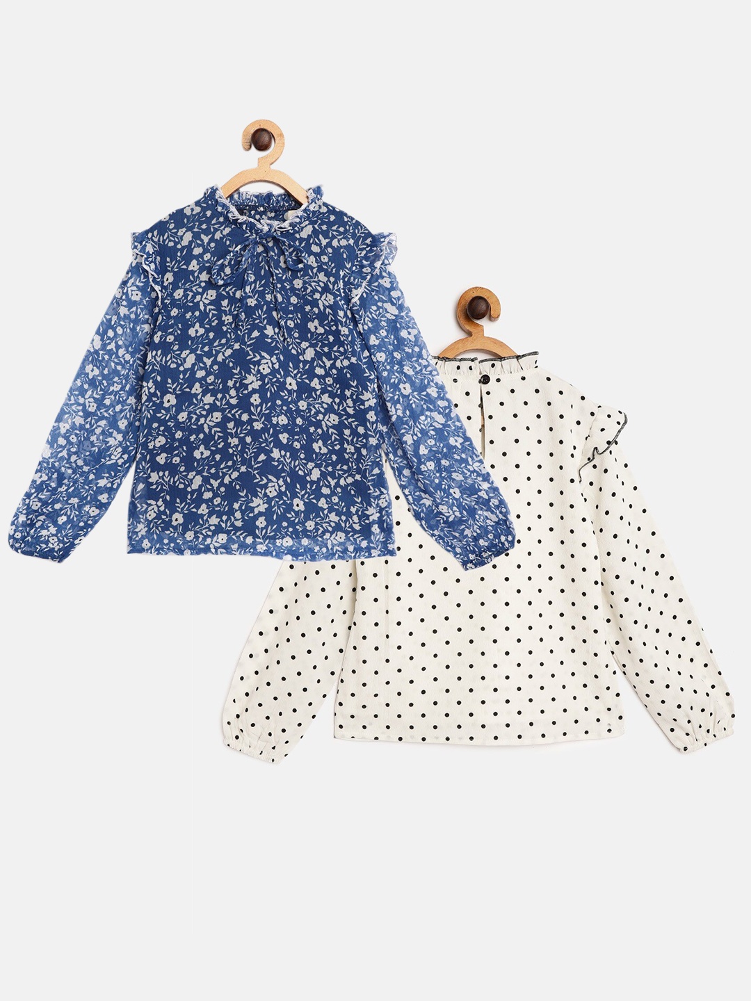 

luyk Set Of 2 Blue & White Floral Print Tie-Up Neck Georgette Top