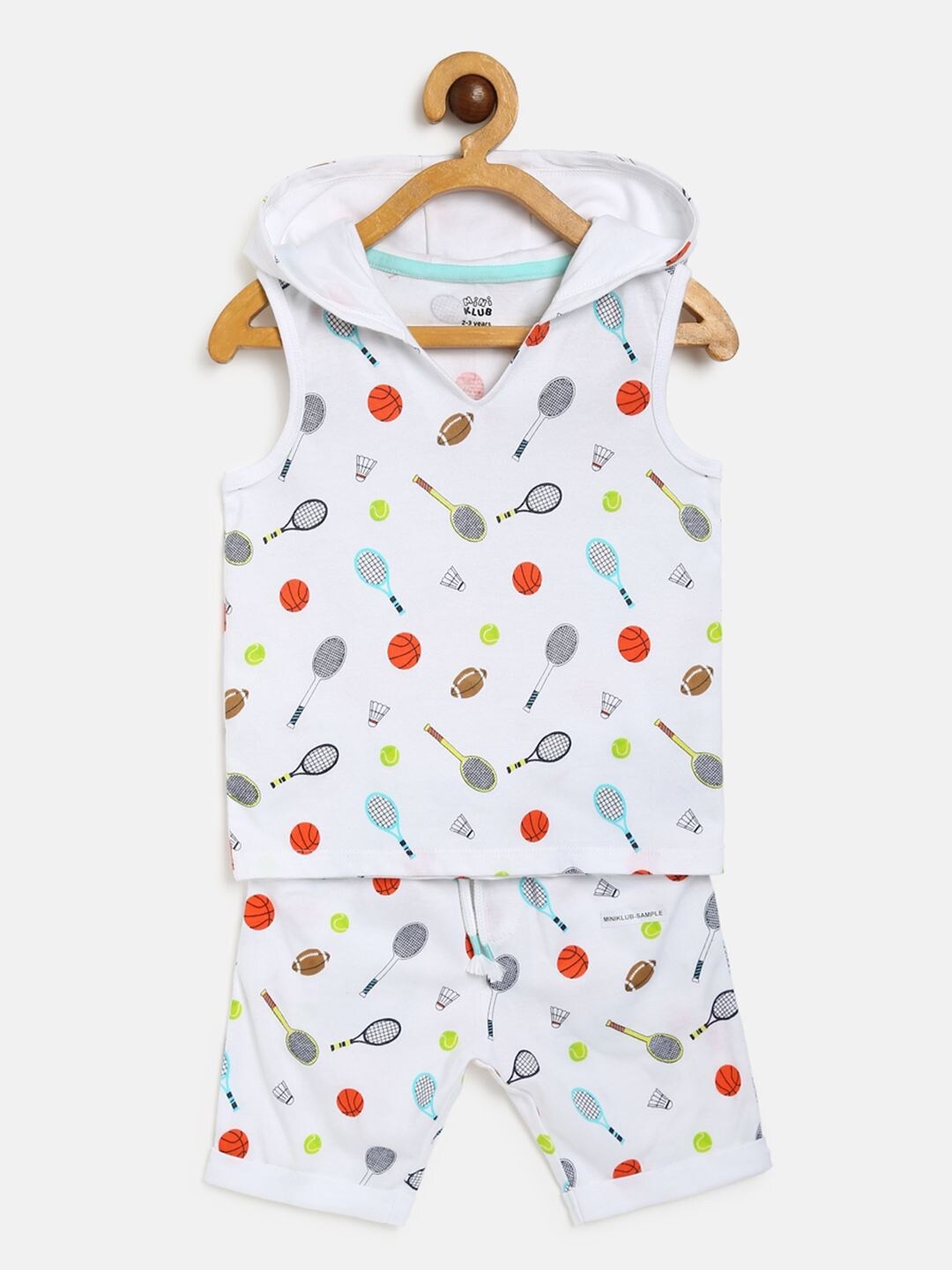 

MINI KLUB Boys White & Red Printed Hooded Sleeveless T-shirt with Shorts
