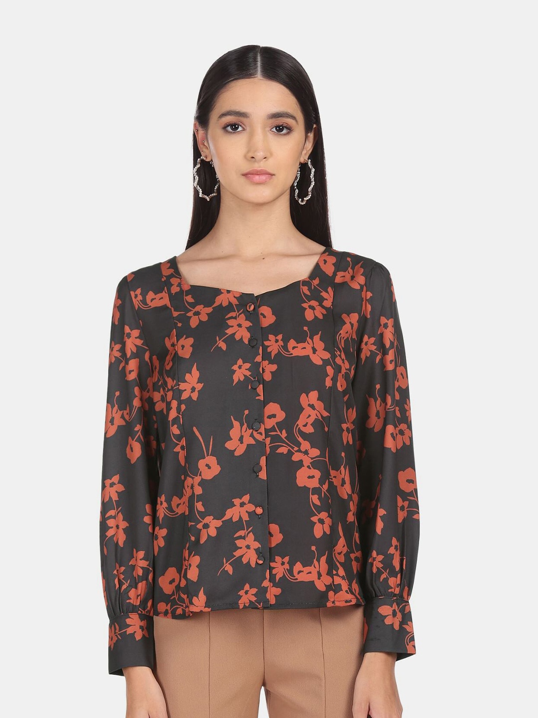 

SHFFL Black & Orange Floral Printed Top