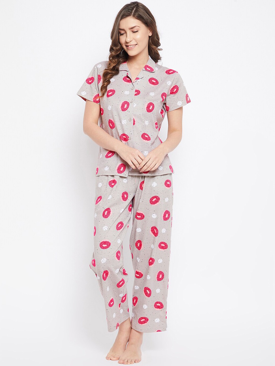 

Clovia Women Grey & Pink Printed Cotton Night suit