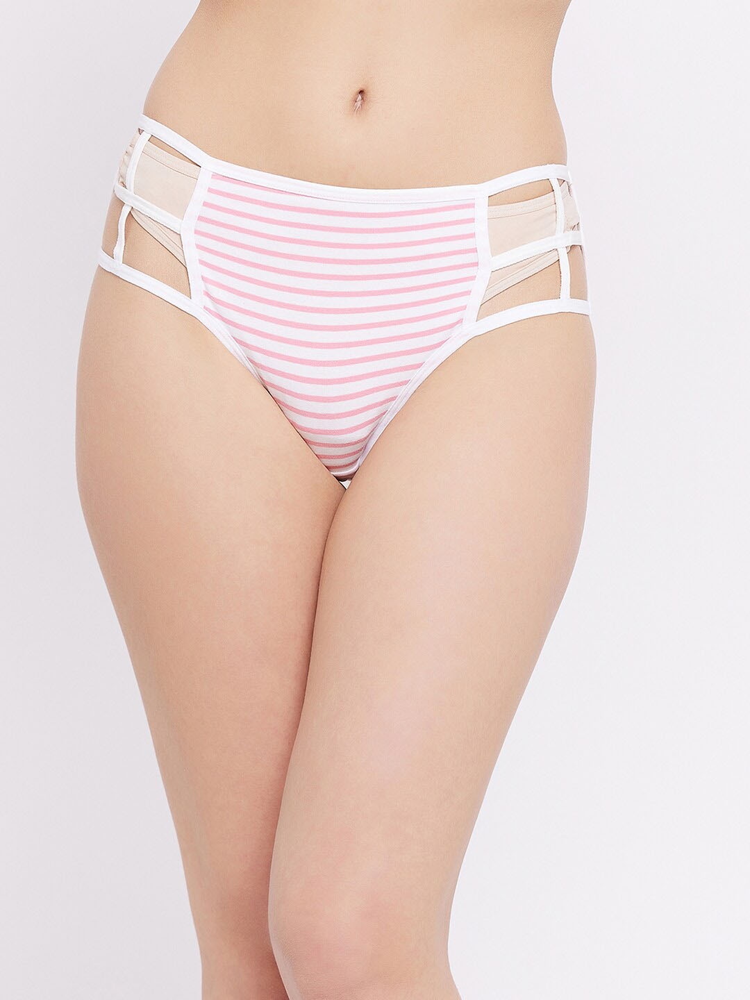 

Clovia Women White & Pink Mid Waist Striped Hipster Panty with Cage Detailing