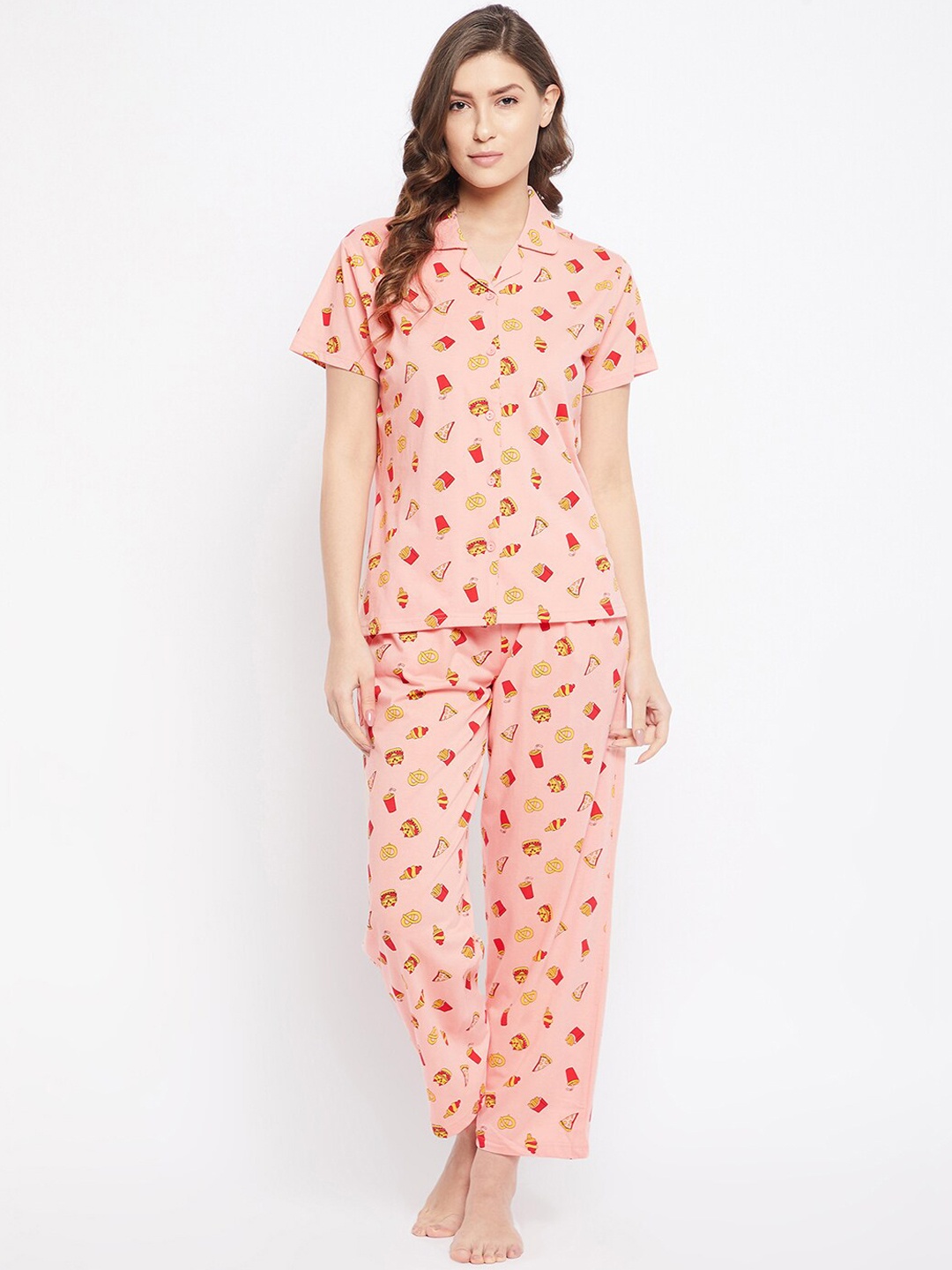 

Clovia Women Pink & Red Printed Pure Cotton Night suit