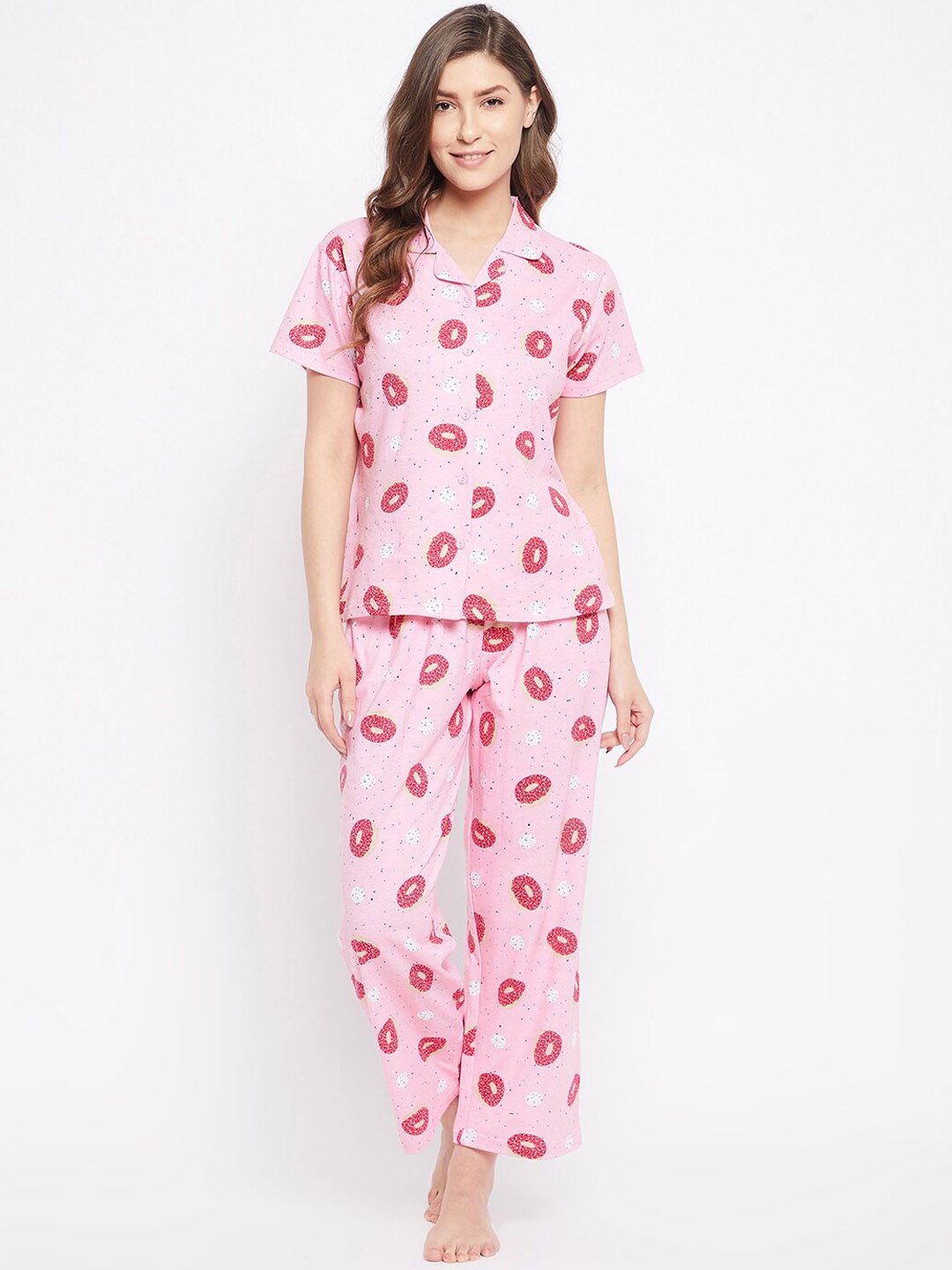 

Clovia Donut Print Button Down Shirt & Pyjama Set, Pink