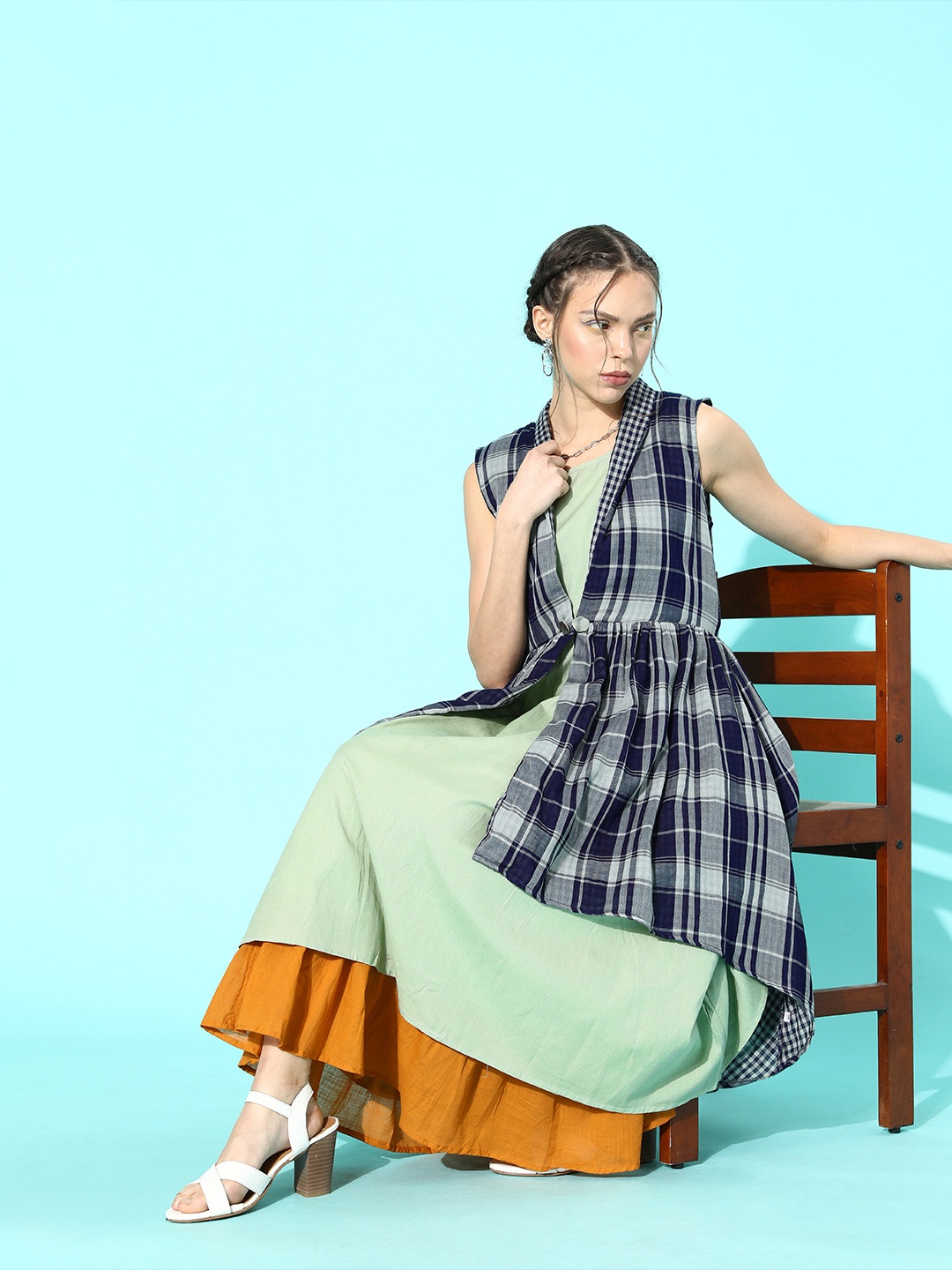 

ZOLA Women Green & Navy Blue Layered Midi A-Line Dress & Jacket