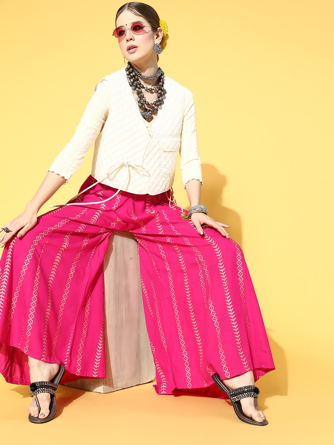 

mokshi Women Pretty Pink Ethnic Motifs Elevated Bottom Palazzos