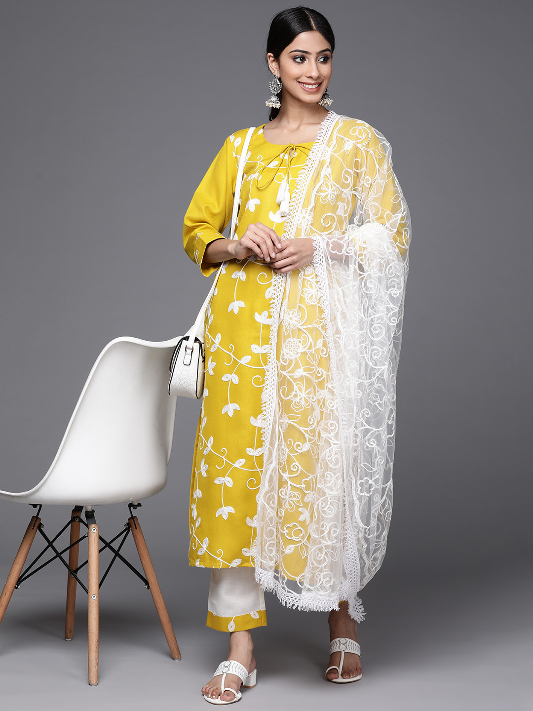 

Varanga Women Yellow Ethnic Motifs Embroidered Pure Cotton Kurta with Trousers & Dupatta