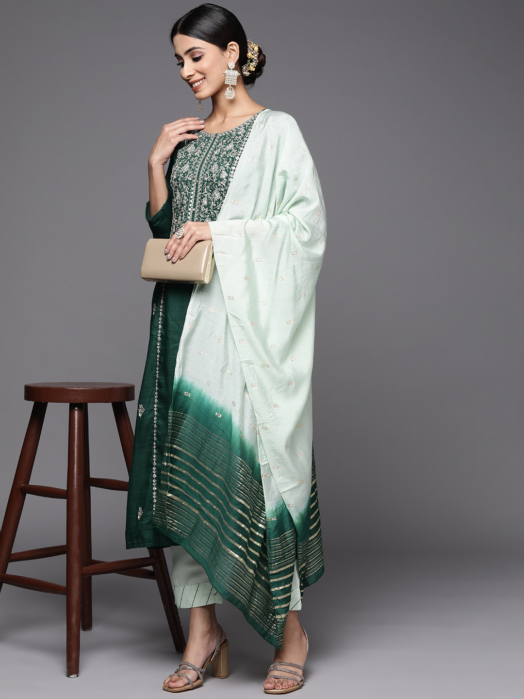 

Varanga Women Green Embroidered Gotta Patti Pure Cotton Kurta with Trousers & Dupatta
