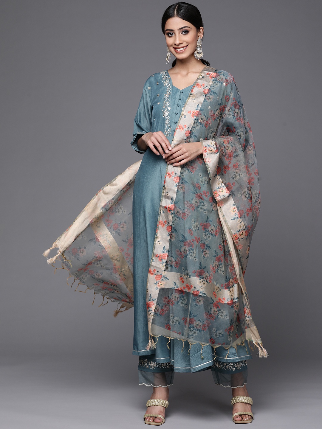 

Varanga Women Teal Blue Yoke Design Kurta with Trousers & With Dupatta