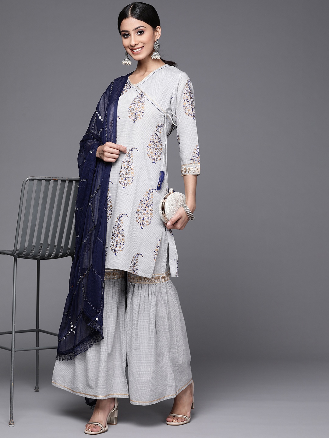 

Varanga Women Grey & Navy Ethnic Printed Angrakha Pure Cotton Kurta with Sharara & Dupatta