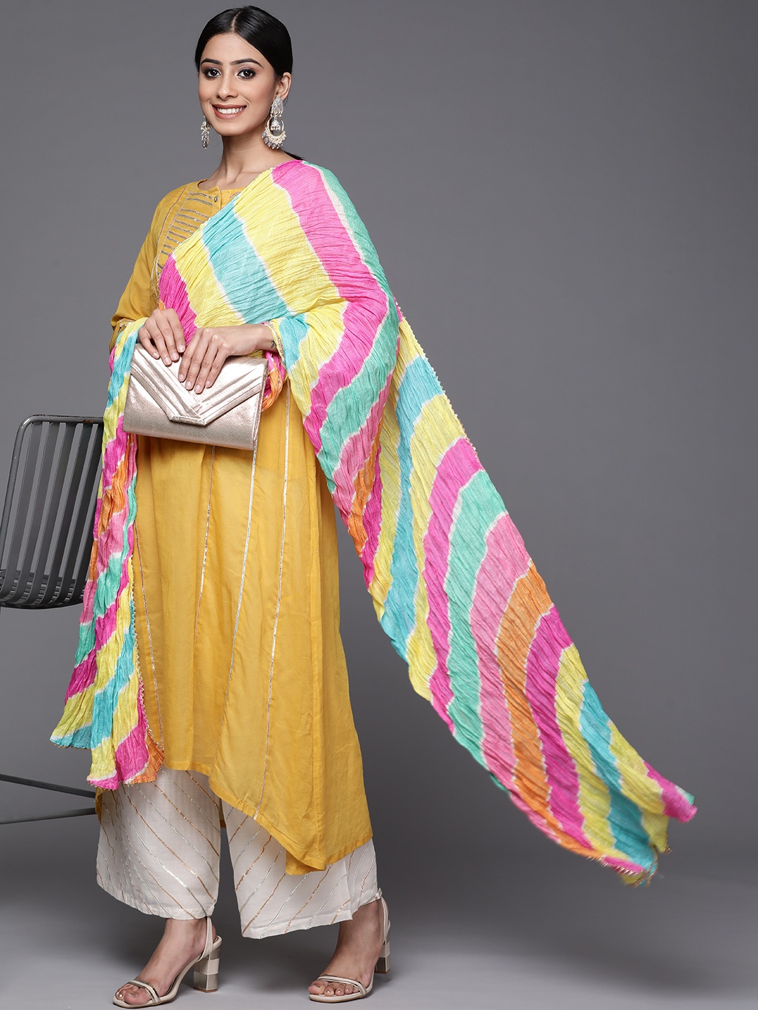 

Varanga Women Mustard Yellow & Yellow Gotta Patti Cotton Kurta with Palazzos & Dupatta