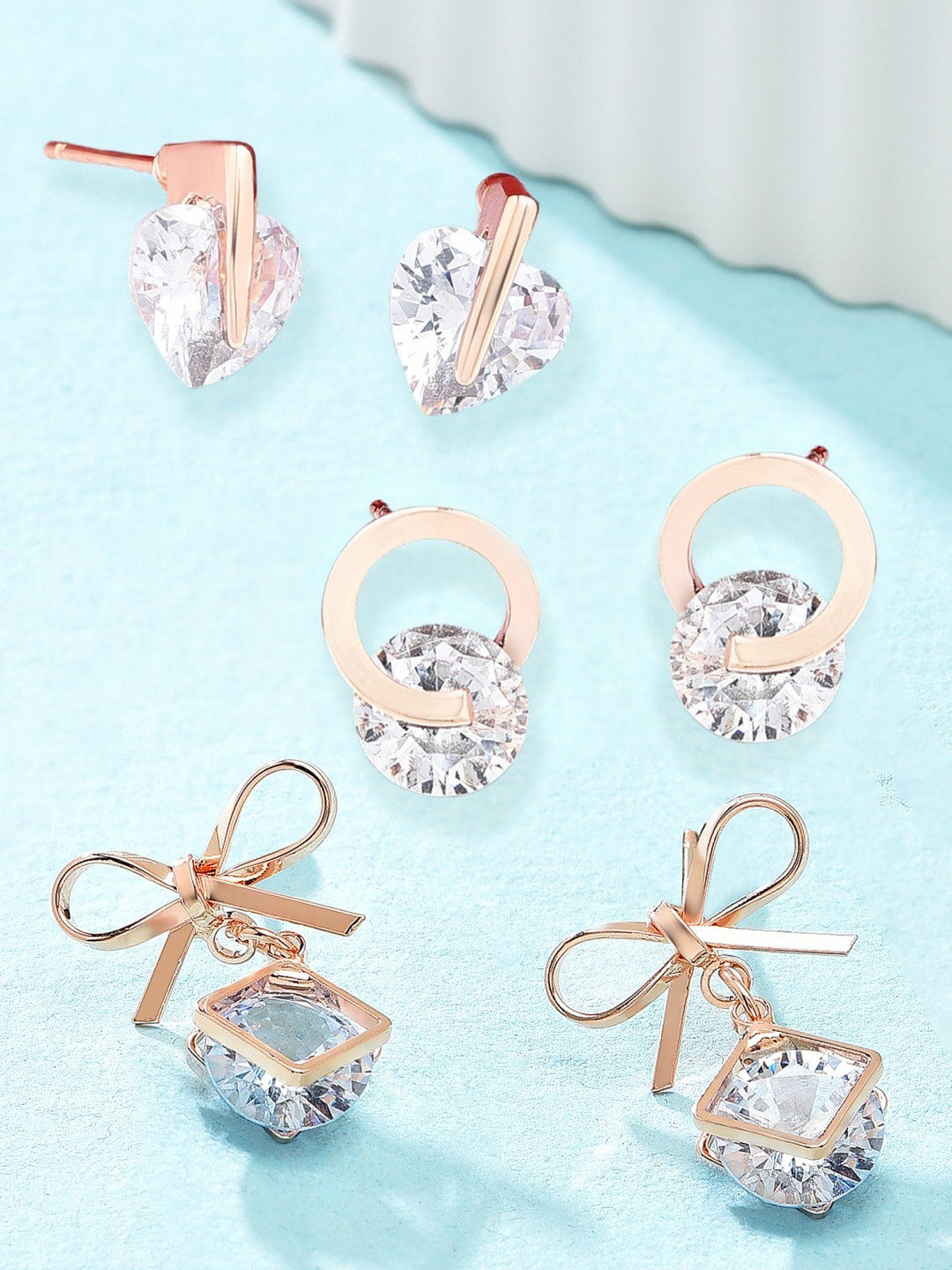 

Zaveri Pearls Set Of 3 Rose Gold-Toned & Plated CZ-Studded Contemporary Studs Earrings