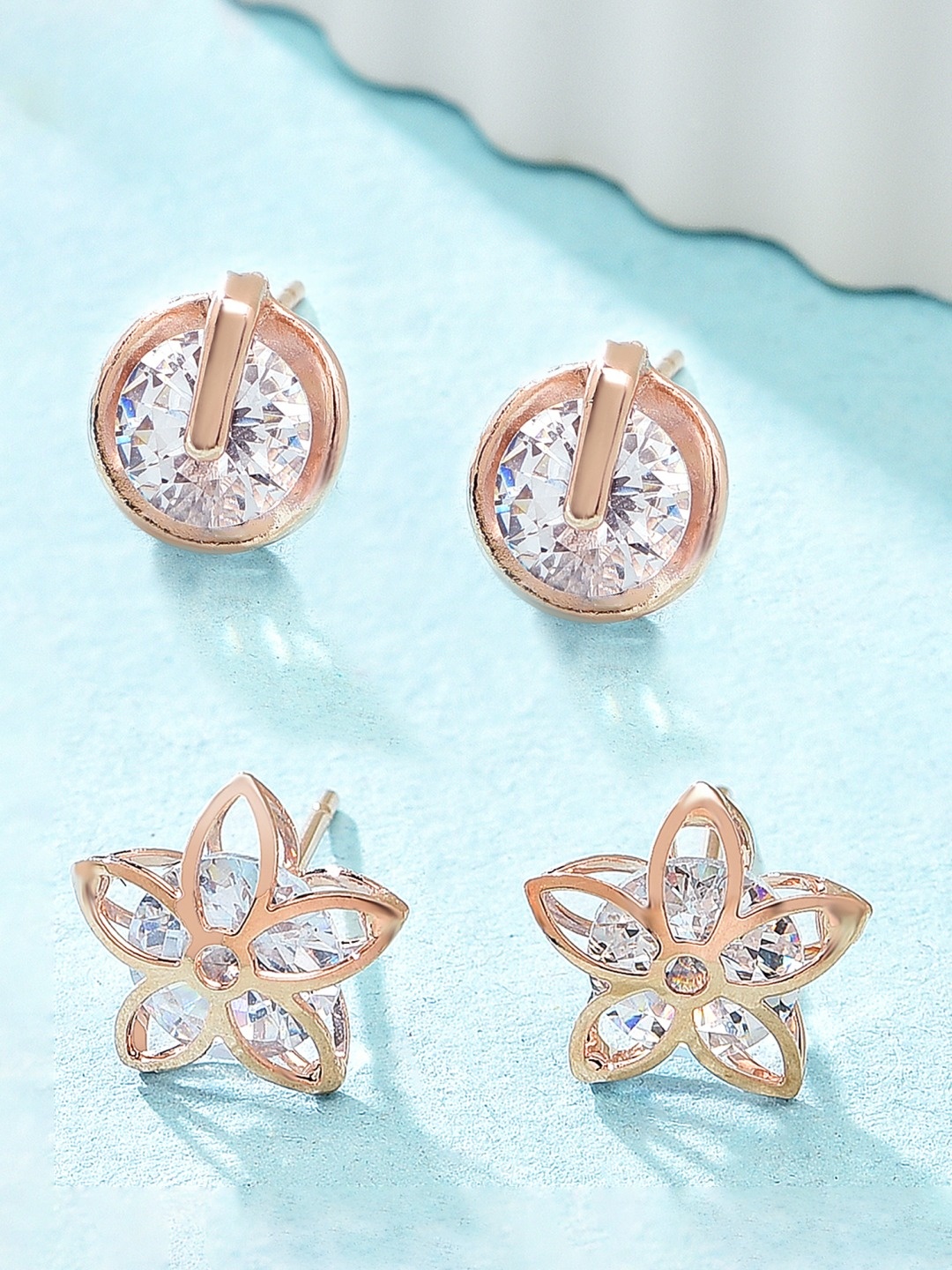 

Zaveri Pearls Set Of 2 Rose Gold Plated & White Contemporary Studs Earrings