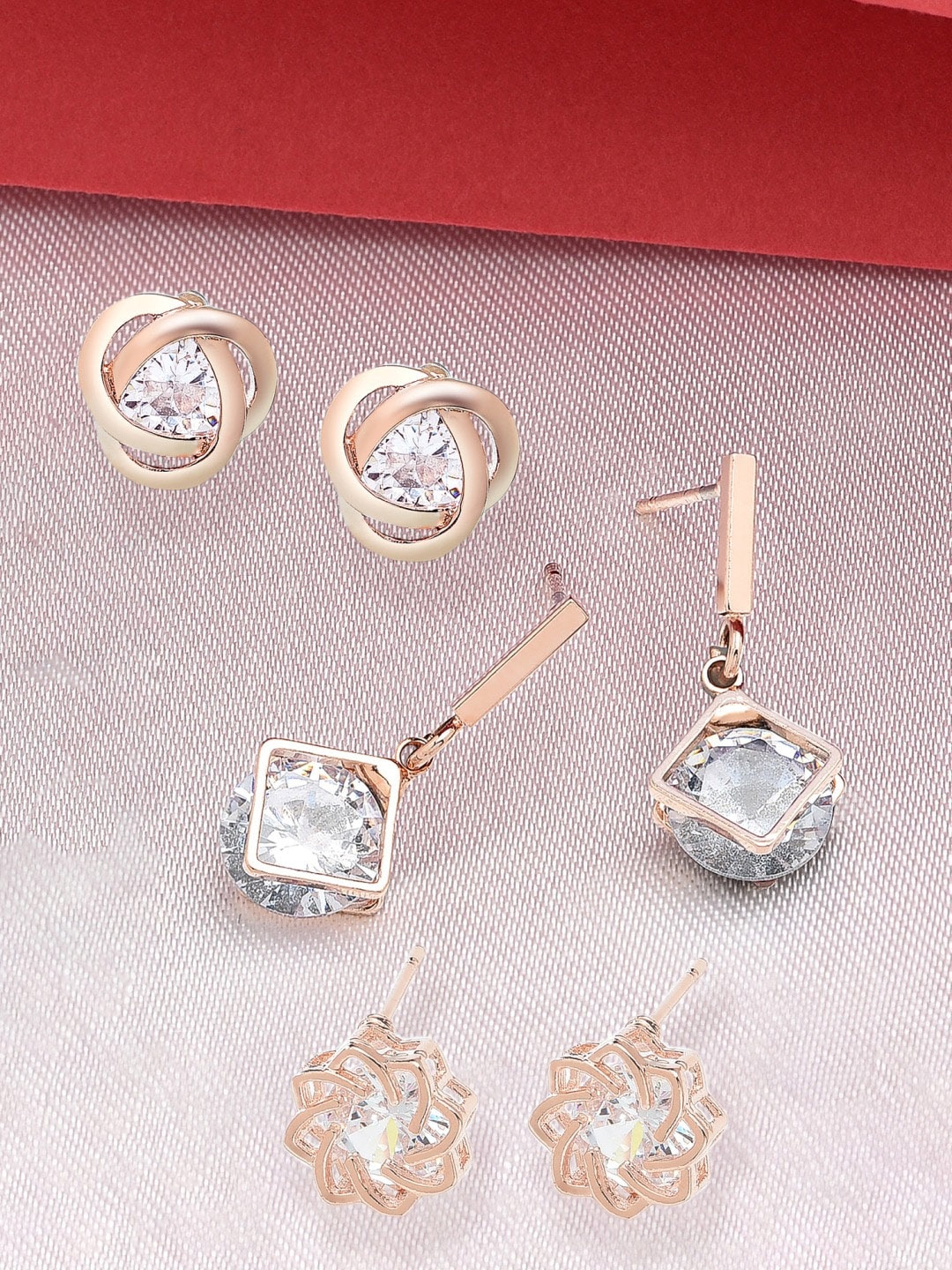 

Zaveri Pearls Set Of 3 Rose Gold-Toned & Plated CZ-Studded Contemporary Studs Earrings