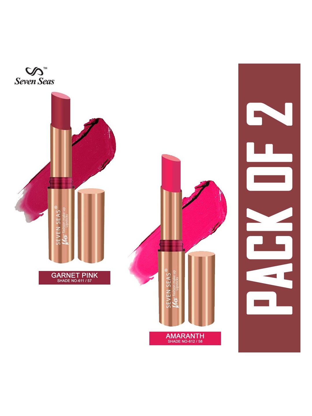 

Seven Seas Set of 2 Matte With You Lipstick - Garnet Pink 611/57 & Amaranth 612/58, Maroon