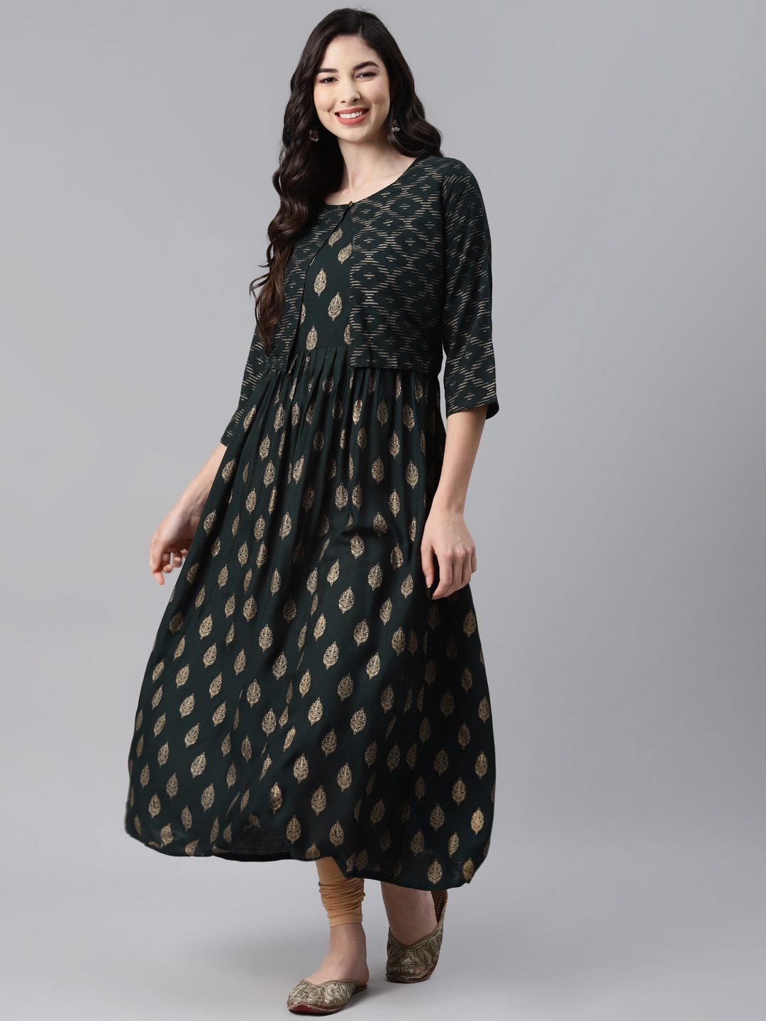 

Aarika Green Ethnic Motifs Printed Pure Cotton Anarkali Kurti