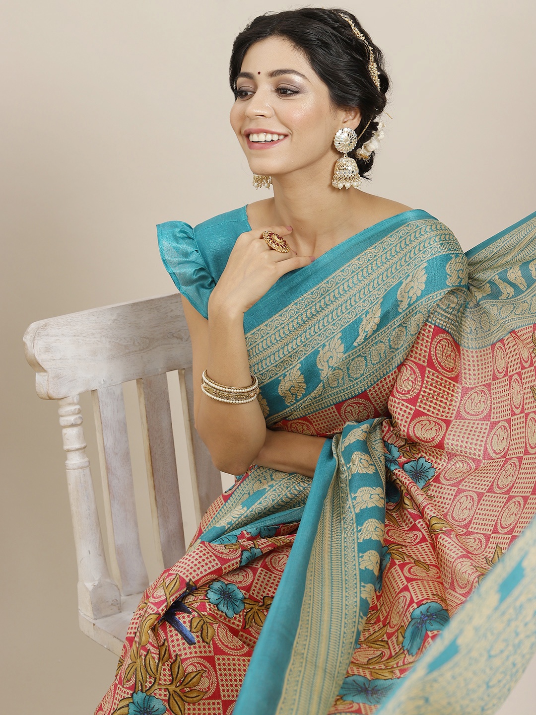 

SIRIL Pink & Turquoise Blue Floral Zari Silk Cotton Khadi Saree