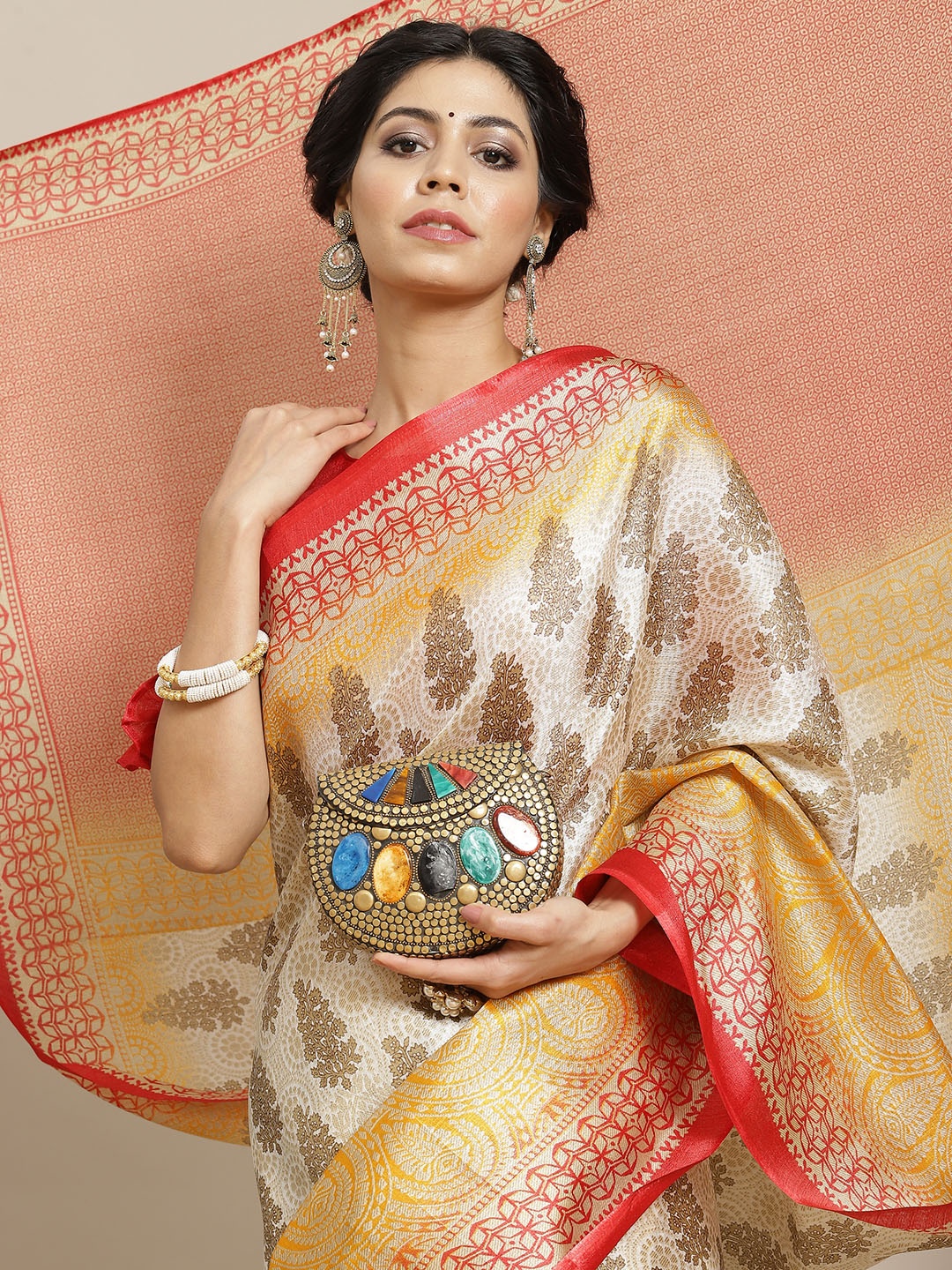 

SIRIL Off White & Red Ethnic Motifs Art Silk Khadi Saree