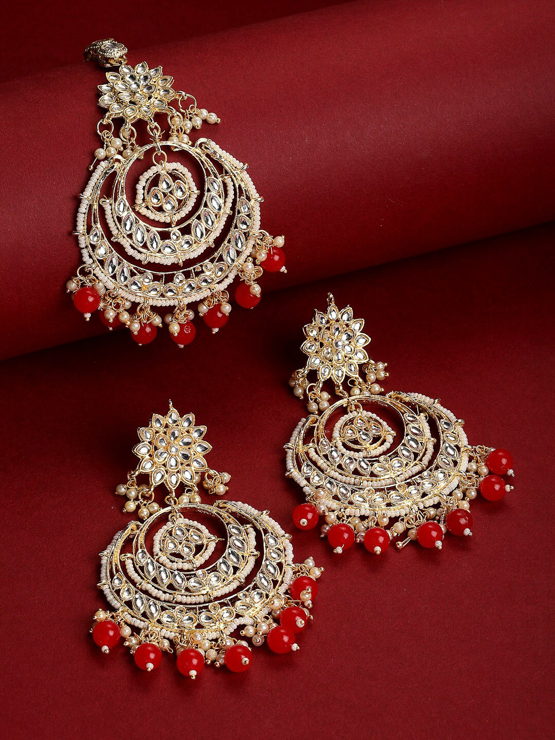 

ZENEME Red & Gold Plated Stone Studded & Pearl Beaded Jewellery Set