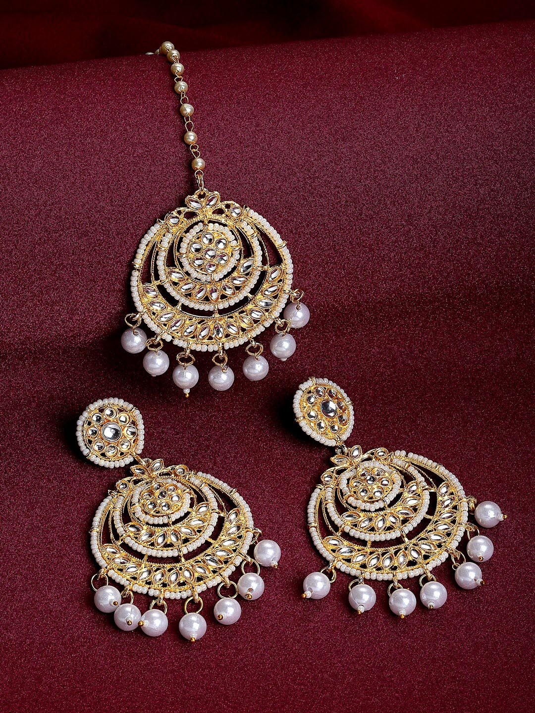 

ZENEME Gold-Plated White Stone Studded & Beaded Jewellery Set