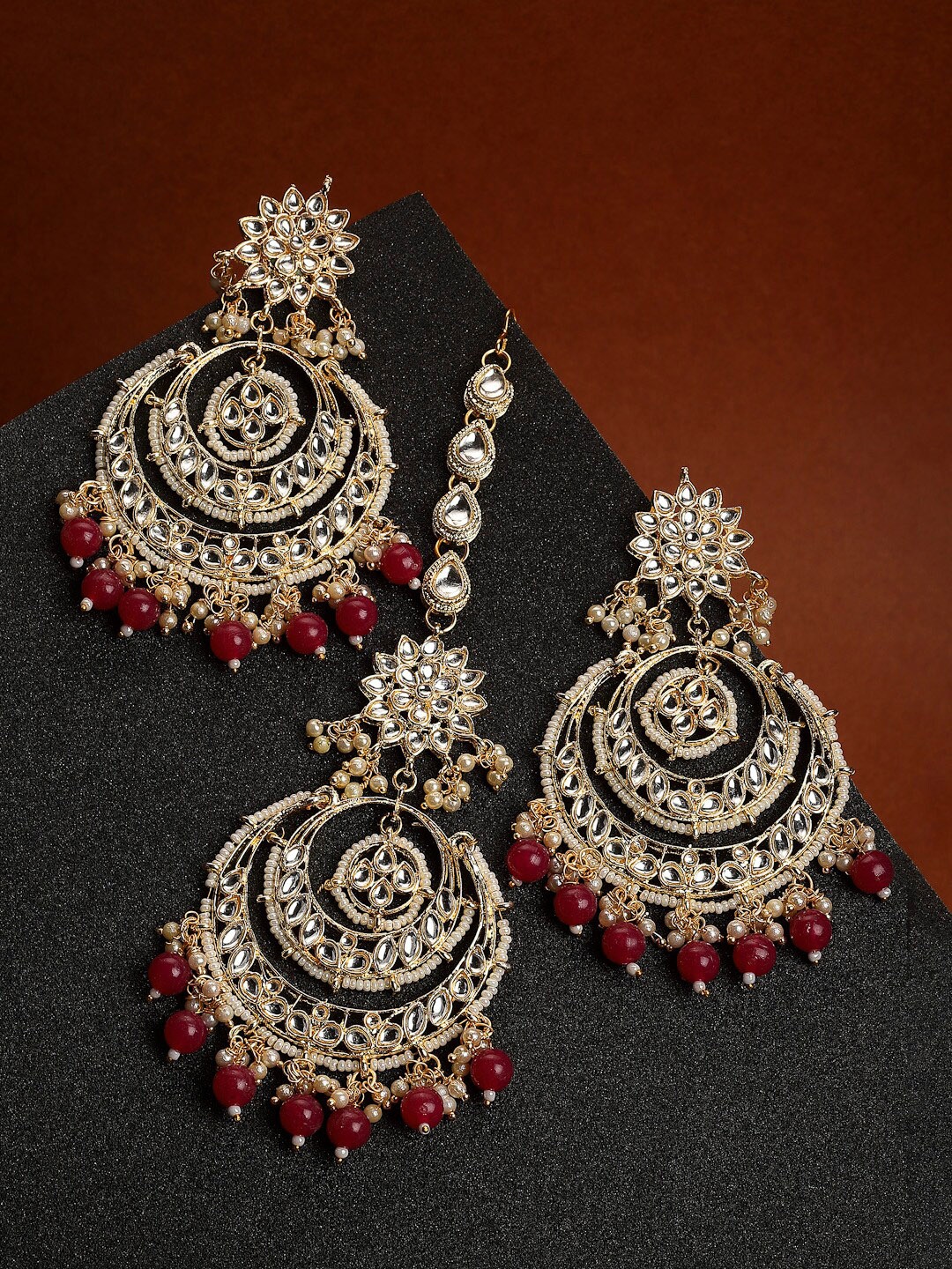

ZENEME Gold Plated White & Red Stone Studded Pearl Beaded Jewellery Set