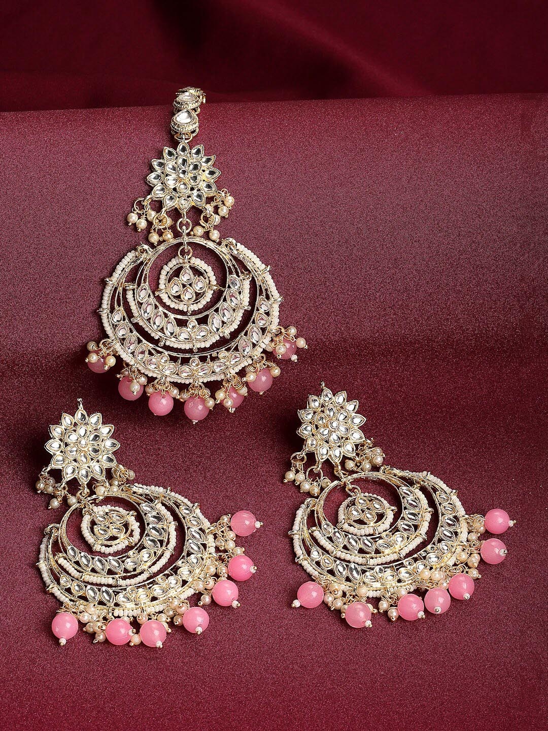 

ZENEME Gold-Plated White & Pink Stone Studded & Beaded Jewellery Set