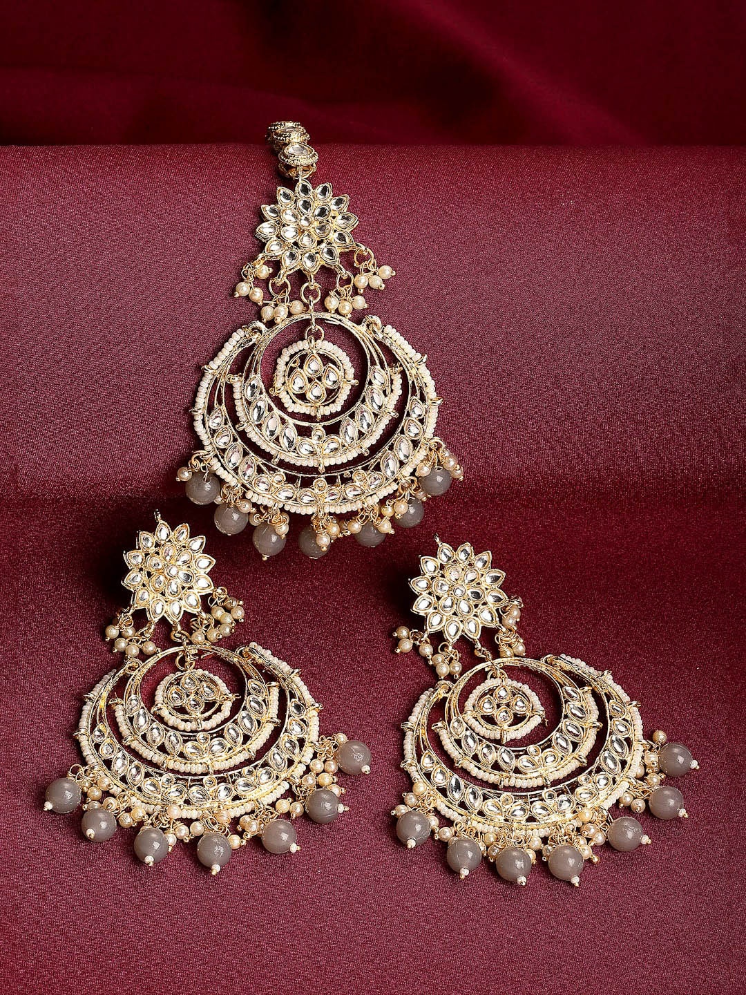 

ZENEME Gold-Plated White & Grey Stone Studded & Beaded Jewellery Set