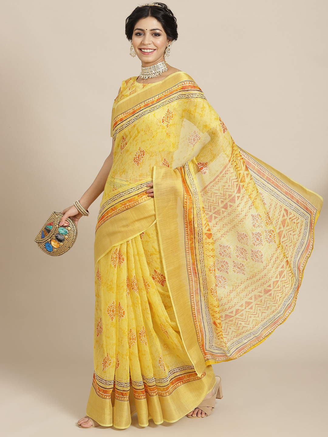 

SIRIL Yellow Ethnic Motifs Saree