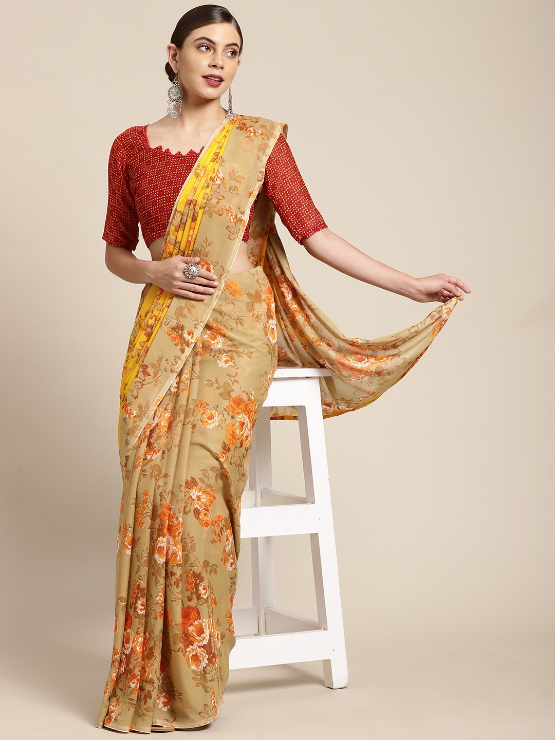

KALINI Yellow & Beige Floral Poly Georgette Saree