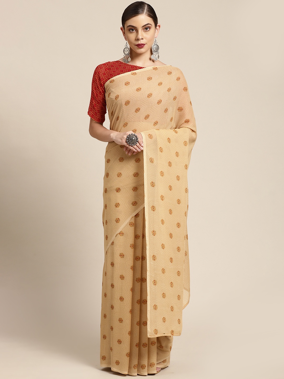 

KALINI Beige Geometric Print Poly Georgette Saree