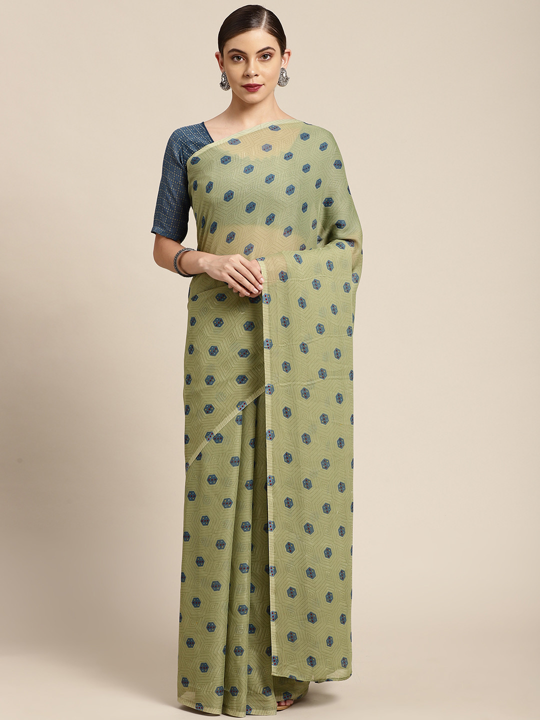 

KALINI Green Geometric Print Poly Georgette Saree