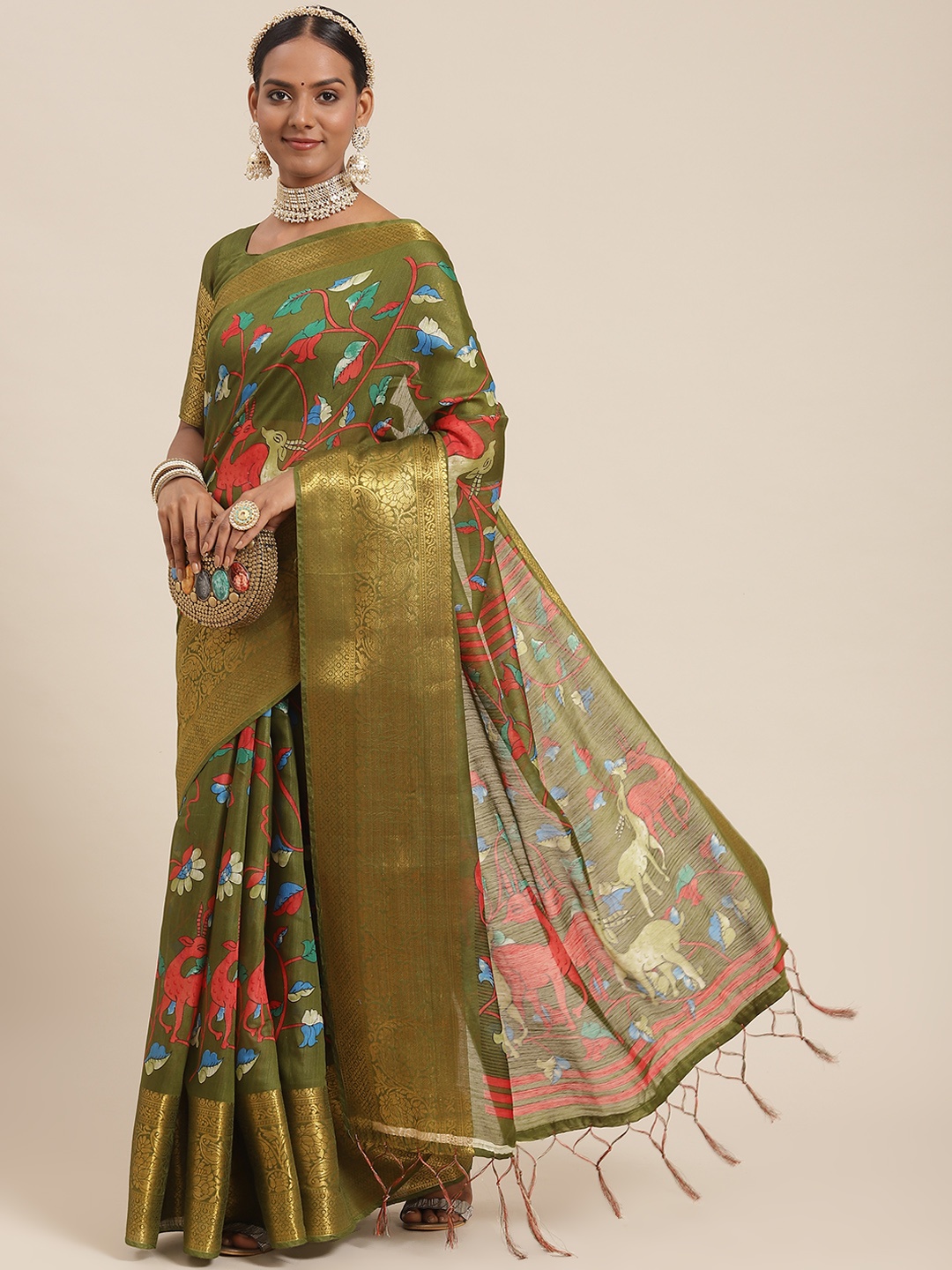 

Saree mall Olive Green Kalamkari Banarasi Sarees