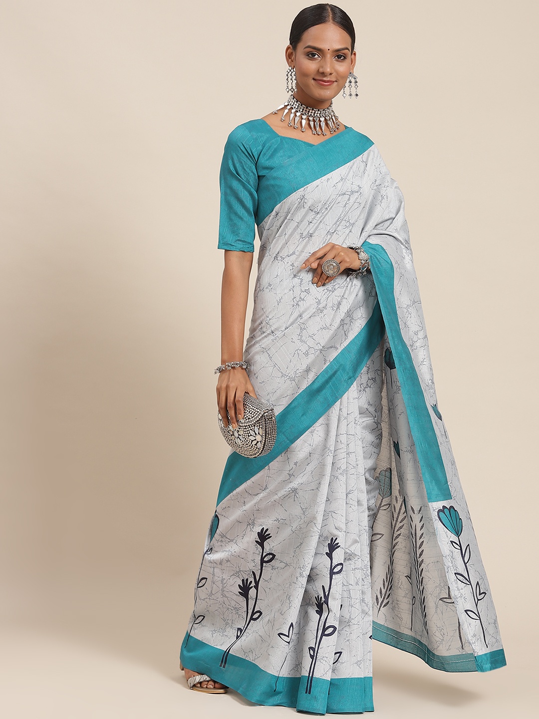 

Saree mall Grey & Blue Bhagalpuri Silk Sarees