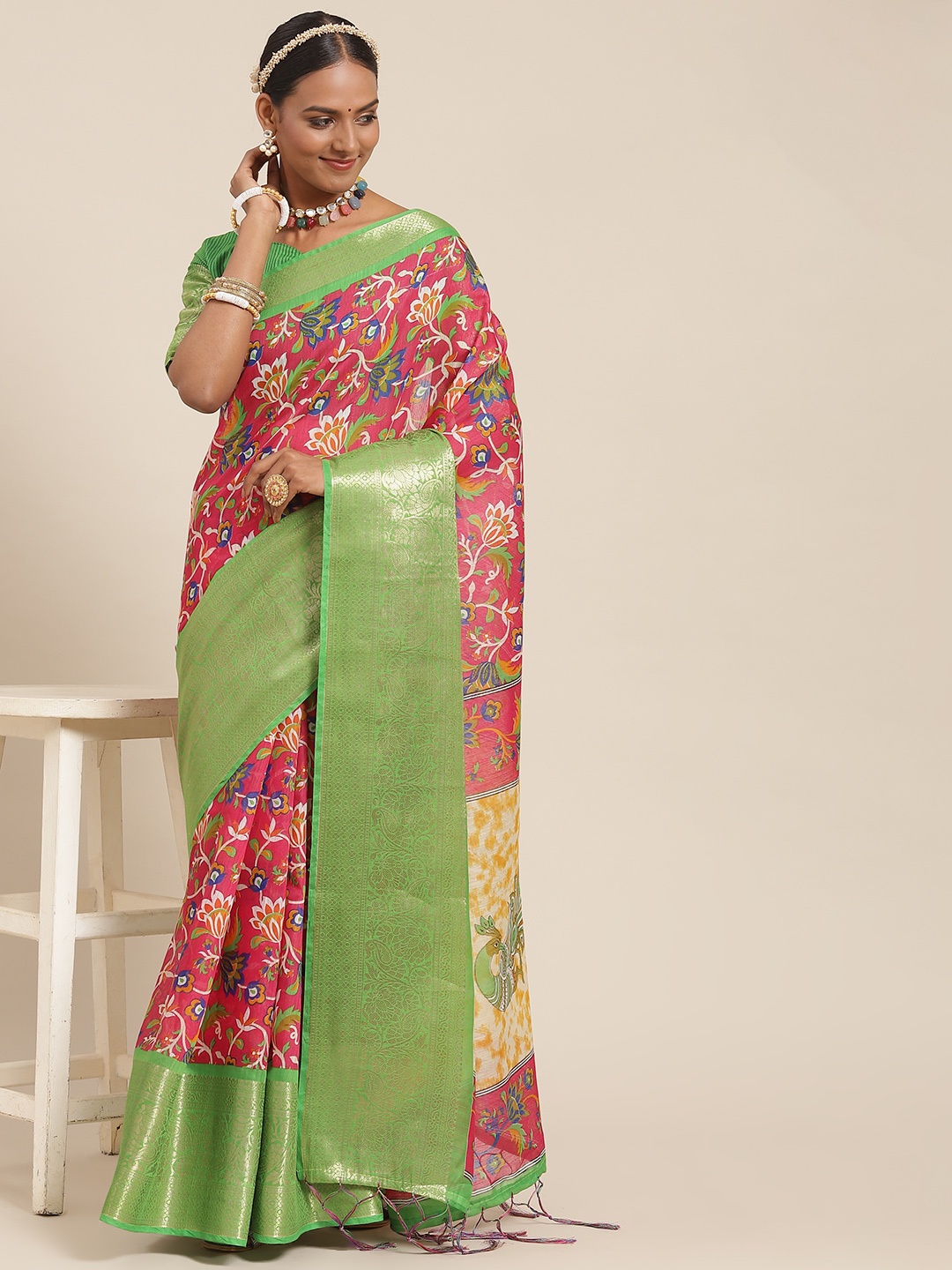 

Saree mall Pink & Green Floral Sarees