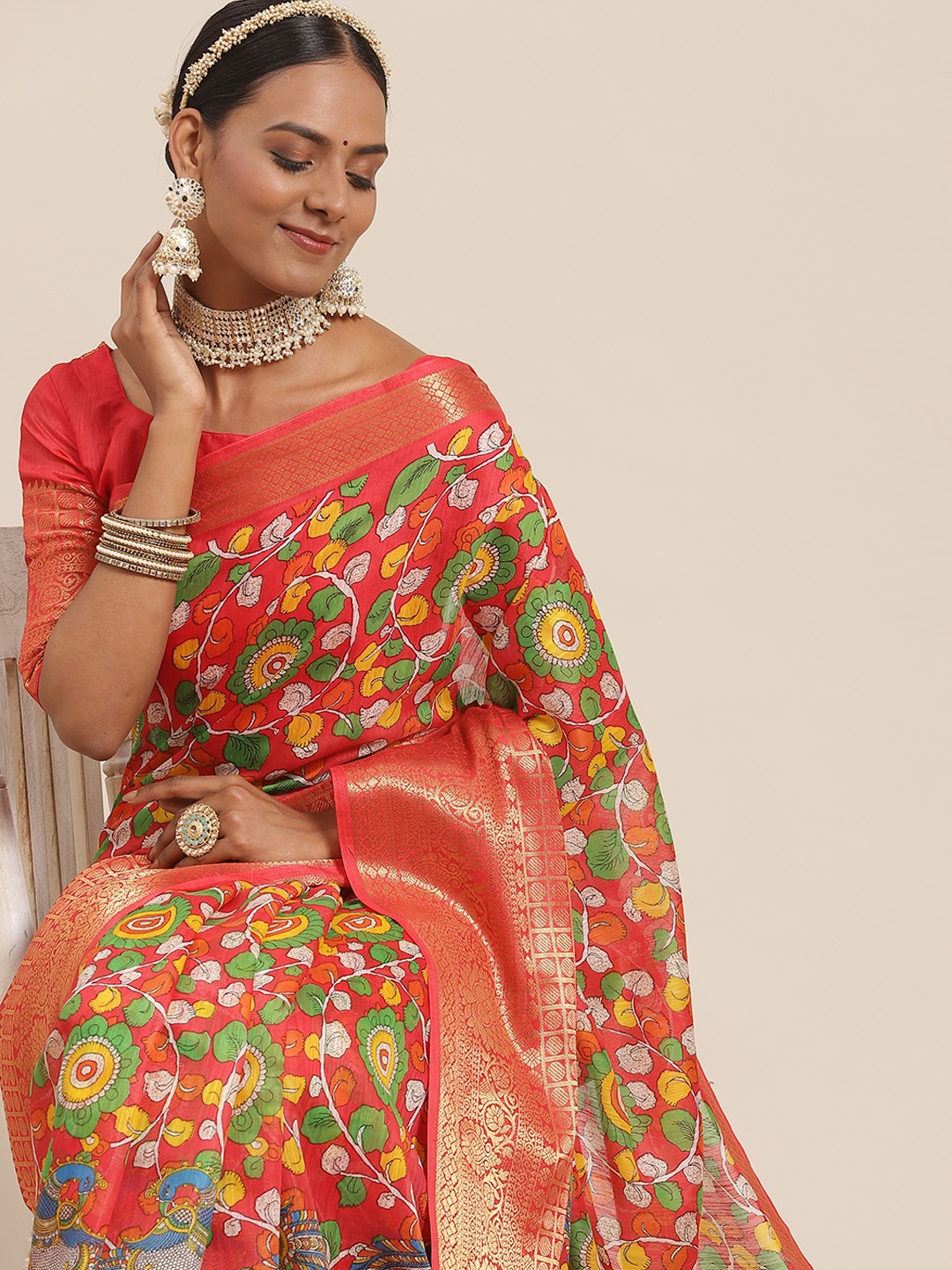 

Saree mall Red Kalamkari Sarees