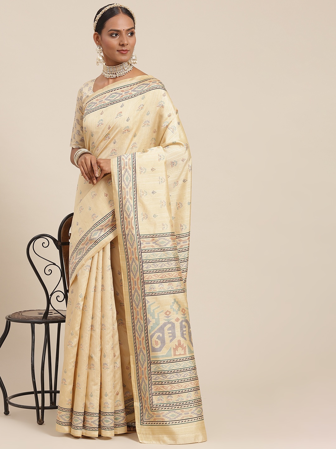 

Saree mall Beige Bhagalpuri Silk Sarees