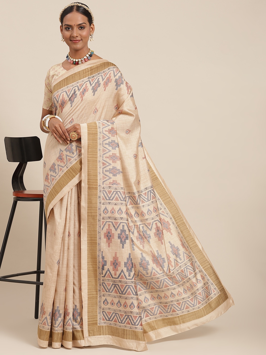 

Saree mall Beige Bhagalpuri Silk Sarees