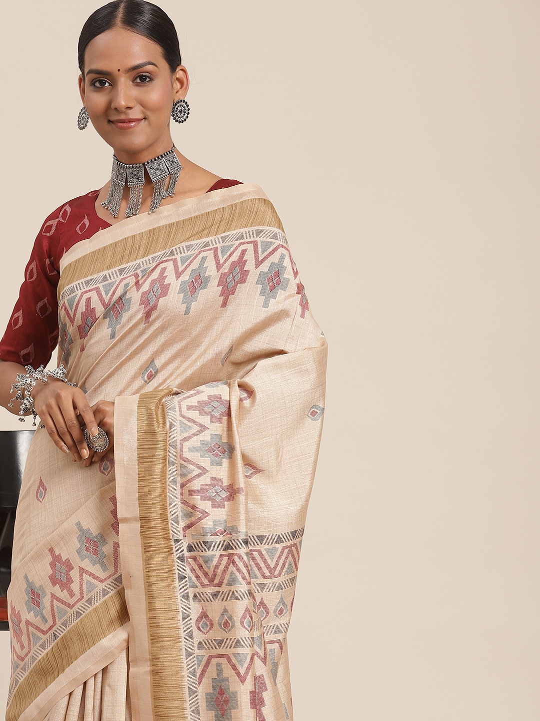 

Saree mall Beige Silk Blend Bhagalpuri Sarees