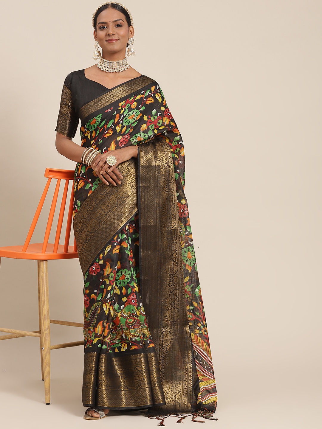 

Saree mall Black Kalamkari Sarees