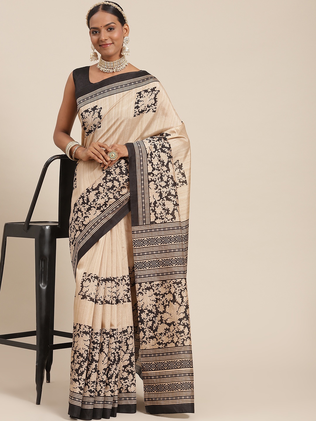 

Saree mall Beige & Black Floral Silk Blend Bhagalpuri Sarees