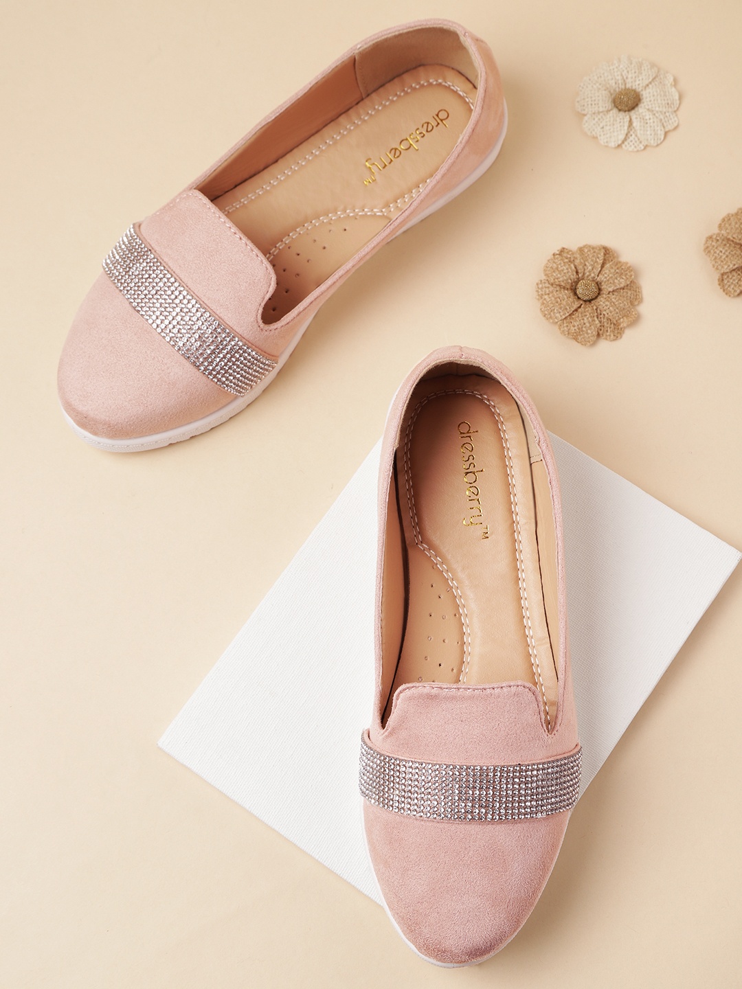 

DressBerry Women Peach-Coloured & Silver-Toned Suede Finish Embellished Detail Ballerinas